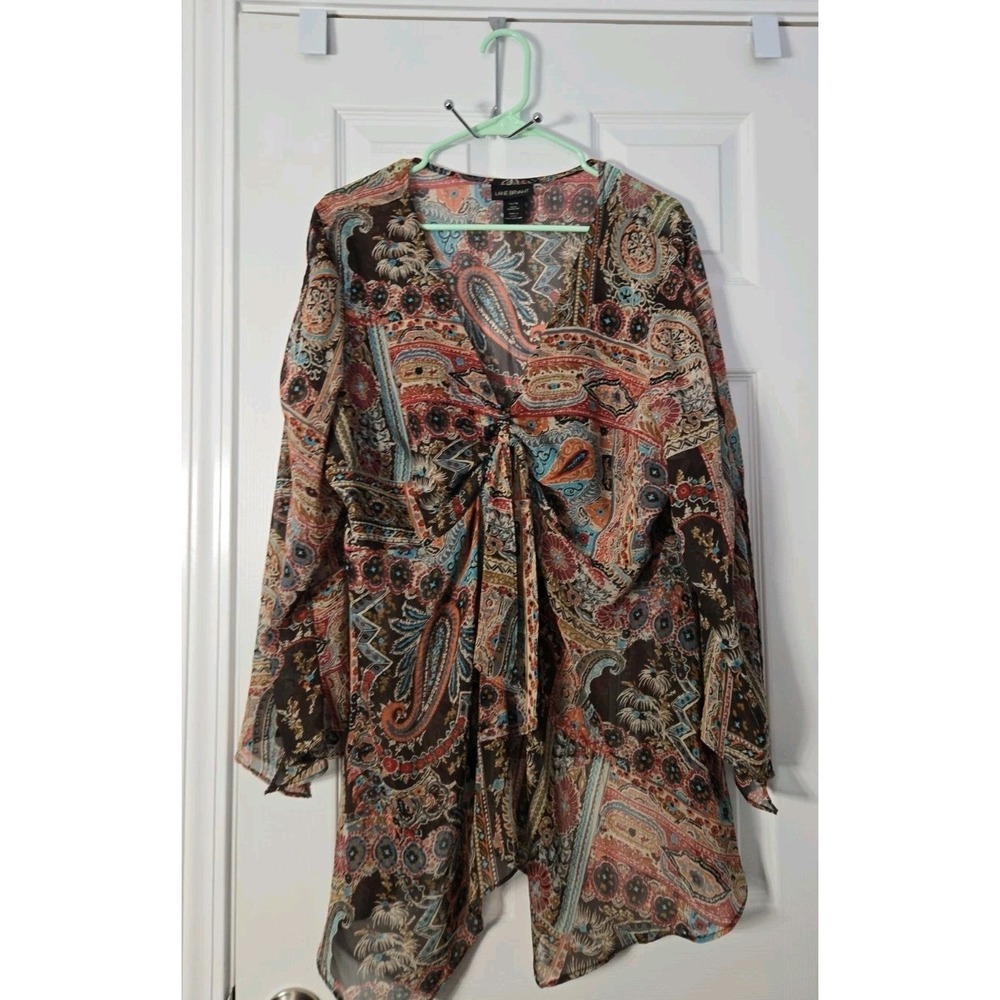 Lane Bryant Sheer Floral Tie Neck Blouse Topโ Plus Size 14/16 Long Sleeve